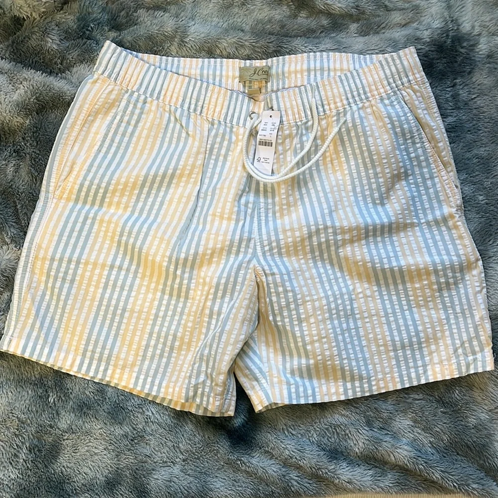 J. Crew Men’s Seersucker Swim Trunks in Light Blue and White Stripe